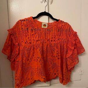 FARM RIO Orange Palm Tree Richelieu Blouse